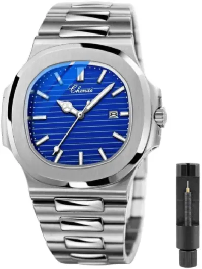 Montre d'Affaires pour Hommes, Design Octogonal Carré, Quartz Lumineux Étanche, Date en Acier Inoxydable Cx8222-sliver Blue