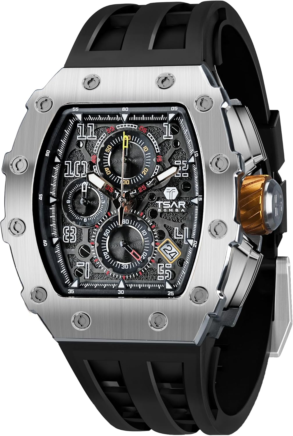 Montre de Luxe Homme Etanche 50M Tonneau Analogique Chronometre Squelette Carrée Grand Cadran Plongee Sport Montres Mouvement Japonais Bracelet Silicone Miroir Saphir Lumineux Noir