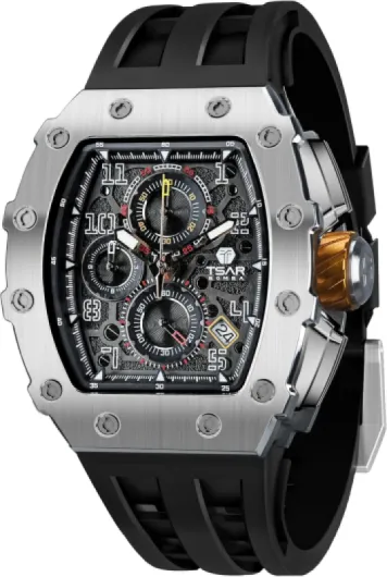 Montre de Luxe Homme Etanche 50M Tonneau Analogique Chronometre Squelette Carrée Grand Cadran Plongee Sport Montres Mouvement Japonais Bracelet Silicone Miroir Saphir Lumineux Noir