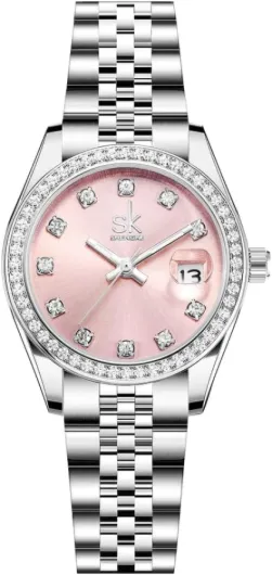 SHENGKE Montre pour Femmes avec Bracelet en Alliage d'acier et Cristaux Montre à Quartz et Calendrier pour Femmes Argent-rose