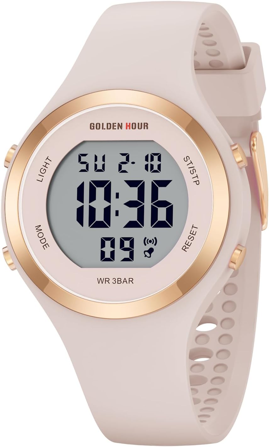 GOLDEN HOUR Montre Digitale femme, étanche 5 ATM chronographe de sport bracelet en silicone, montre-bracelet pour femme, montres sportives élégantes pour femme avec date, cadran lumineux facile à lire Or Rose/Lumière Étoilée