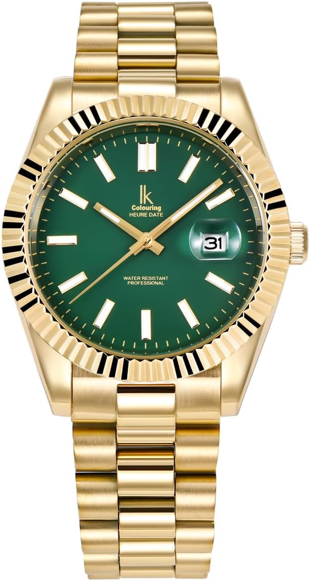 IK Montre Hommes Femmes Calendrier Bracelet Métal Or Doree/Vert/Bracelet Métal Or Doree