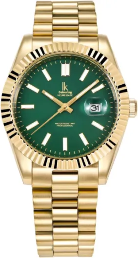 IK Montre Hommes Femmes Calendrier Bracelet Métal Or Doree/Vert/Bracelet Métal Or Doree