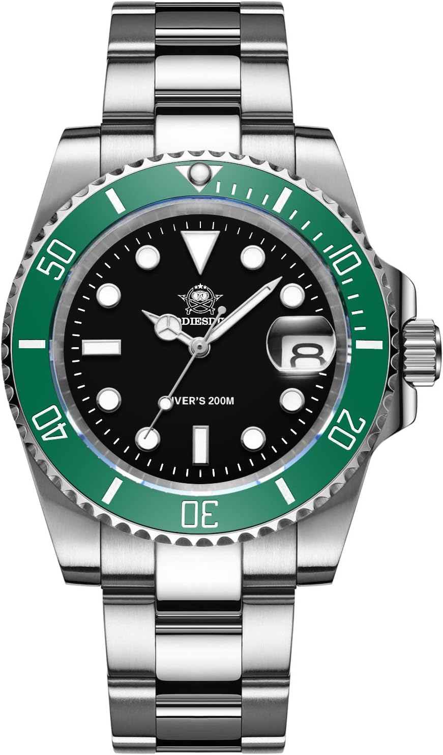 Montre Analogique à Quartz pour Homme Lumineux Indice D’étanchéité de 20 Bars Montre Plongée Homme avec Bracelet en Acier Inoxydable Noir/Vert