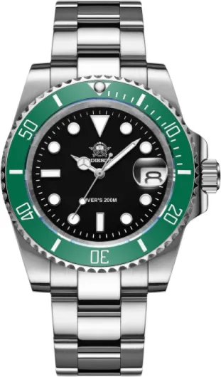 Montre Analogique à Quartz pour Homme Lumineux Indice D’étanchéité de 20 Bars Montre Plongée Homme avec Bracelet en Acier Inoxydable Noir/Vert