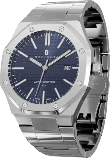 Montres Homme Octagonal 10ATM Waterproof Business Casual Fashion Mens Japanese Quartz Stainless Steel Luminous Wrist Watch Gift for Men Sangle Argentée Cadran Bleu