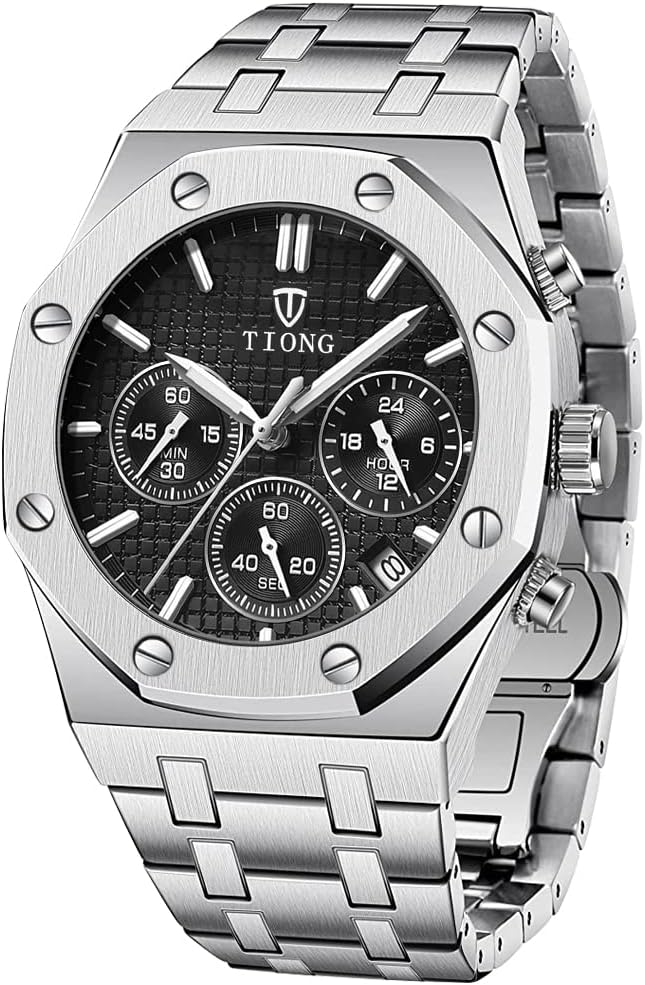 Montre pour Homme chronographe en Acier Inoxydable étanche à Quartz Montre d'affaires Hommes Silber Schwarz