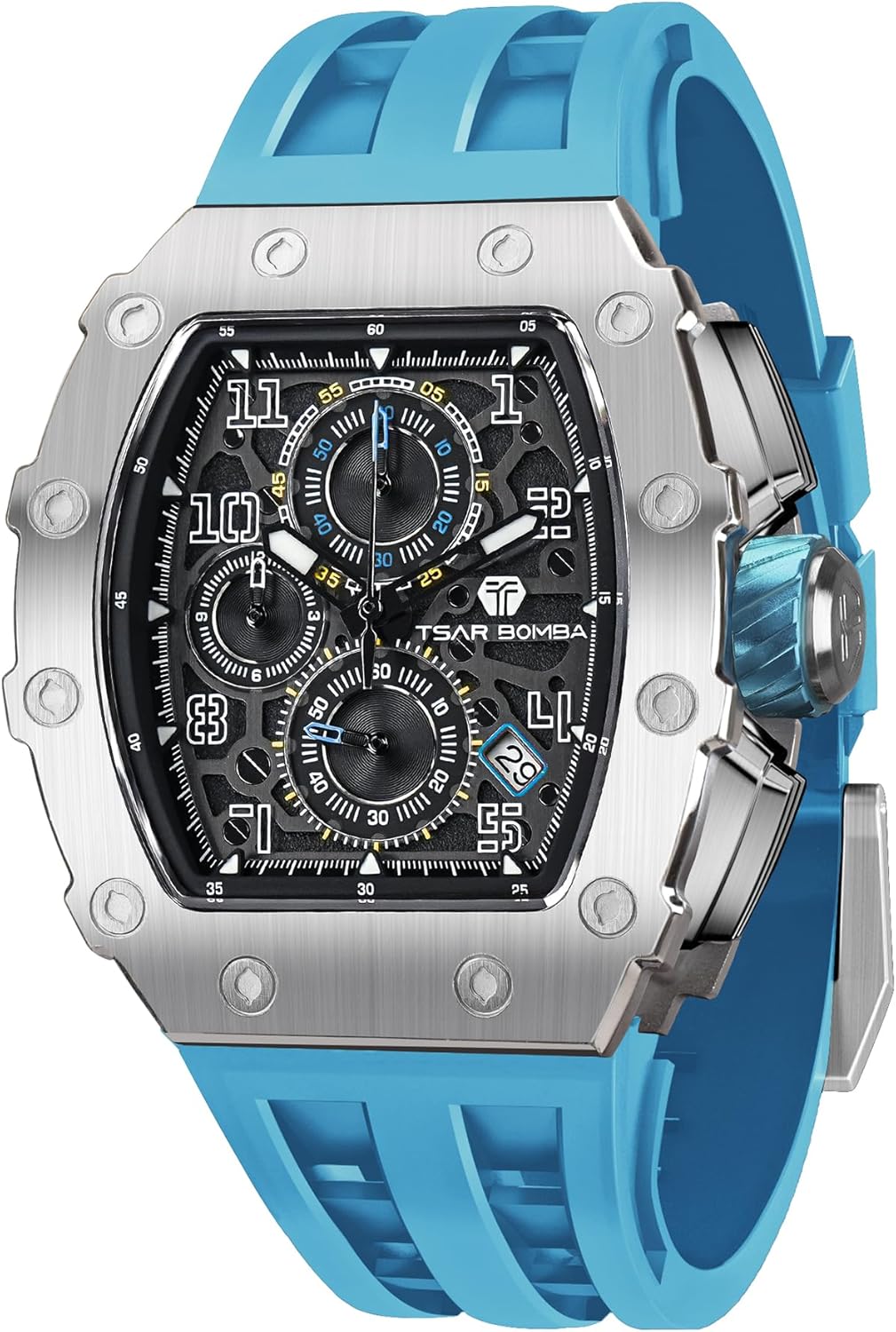 Montre de Luxe Homme Etanche 50M Tonneau Analogique Chronometre Squelette Carrée Grand Cadran Plongee Sport Montres Mouvement Japonais Bracelet Silicone Miroir Saphir Lumineux Argent - Bleu Ciel