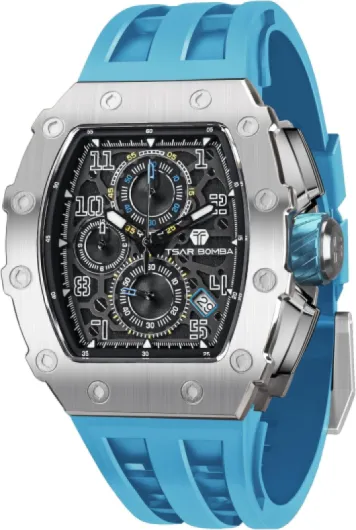 Montre de Luxe Homme Etanche 50M Tonneau Analogique Chronometre Squelette Carrée Grand Cadran Plongee Sport Montres Mouvement Japonais Bracelet Silicone Miroir Saphir Lumineux Argent - Bleu Ciel