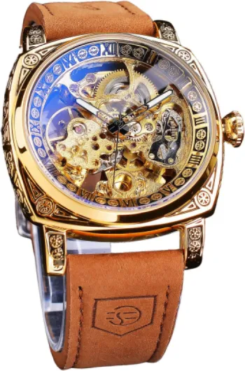 Fancy Watches for Men, Square Retro Mechanical Watch Self-Wind Carved, Gear Movement Golden Skeleton Automatic Watches Vintage Leather Strap Wrist Watch, Gold, Retro