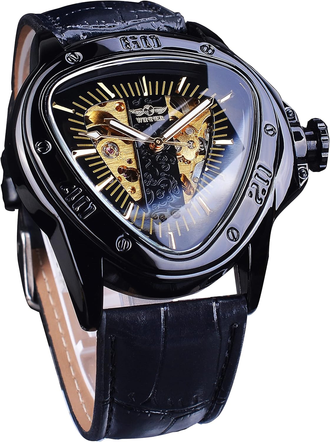 Winner Montre mécanique Tendance avec Cadran Triangulaire et Cadran Squelette doré Mouvement Automatique Design Cuir pour Homme Noir