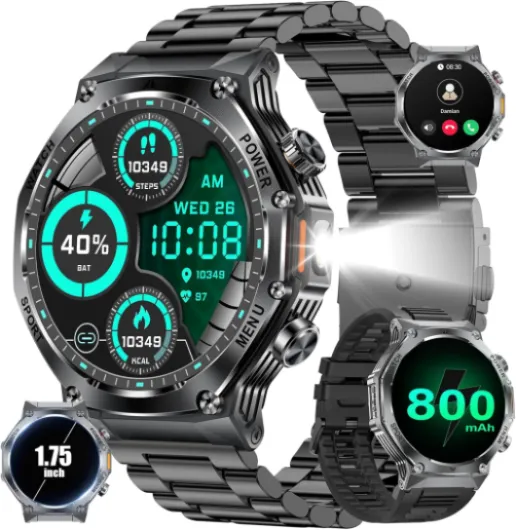 Montre Connectée Homme Militaire avec Appel 800 mAh 900Heures Batterie Lampe Torche 10ATM Étanche Montre Intelligente avec 1.75'' Écran Tactile 100+ Modes Sportifs Android iOS A-Gris métal Bracelet Acier + Silicone