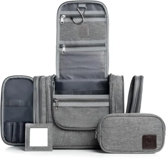 XXL Trousse de Toilette Voyage pour Femme et Homme 8L Gris Grand - Sac à cosmétiques et de Lavage avec poignée de Suspension - Pochette-de-Toilette pour Le Camping avec Miroir 10 Compartiments