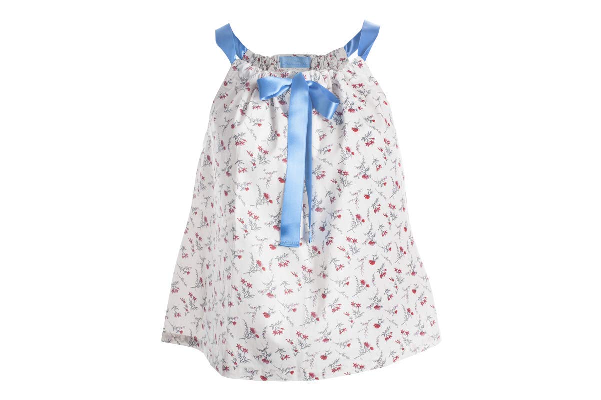 Haut de pyjama créateur fleuri à bretelles ruban pour femme- Isabelle - Coton - Fond Blanc - Petites fleurs rouges