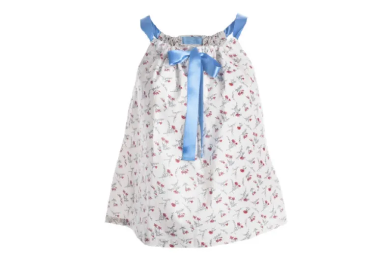 Haut de pyjama créateur fleuri à bretelles ruban pour femme- Isabelle - Coton - Fond Blanc - Petites fleurs rouges