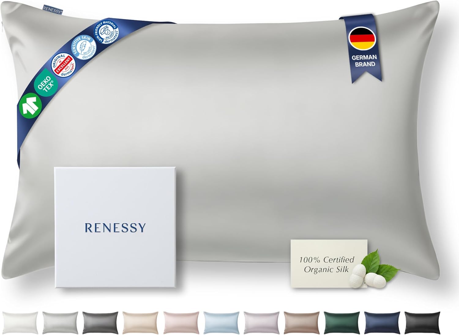 Taie d'oreiller en Soie 100% Bio 40x60 cm - 22 Momme Soie de Mûrier, Grade 6A, Certifiée Oeko-Tex en Allemagne - Luxe pour Les Cheveux et la Peau, 1 Pièce (Gris Clair) 40x60cm Gris Clair