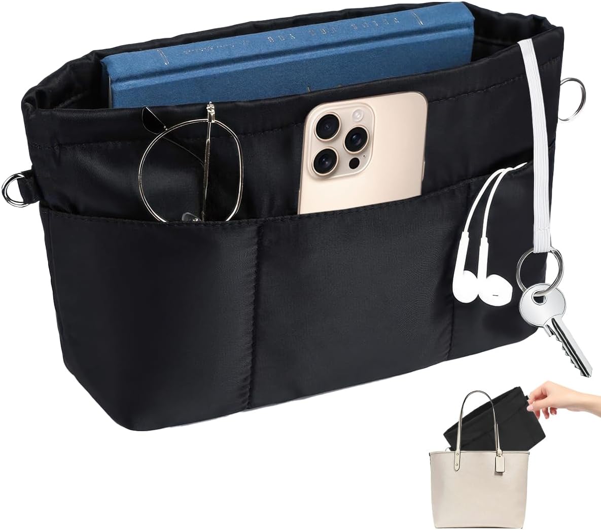 Organisateur de Sac A Main en Nylon avec 13 Compartiments Multifonctions à L'Intérieur, Imperméable Fermeture à GlissièRe Organiseurs Pochette Sac De Rangement Intérieuravec Porte-Clés (Noire, M)