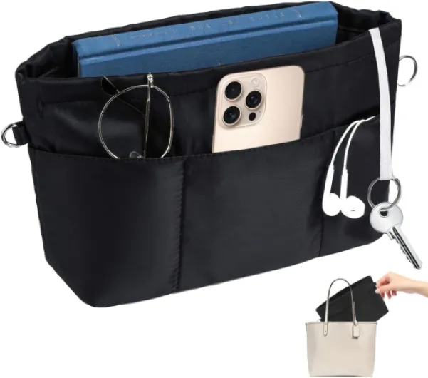 Organisateur de Sac A Main en Nylon avec 13 Compartiments Multifonctions à L'Intérieur, Imperméable Fermeture à GlissièRe Organiseurs Pochette Sac De Rangement Intérieuravec Porte-Clés (Noire, M)