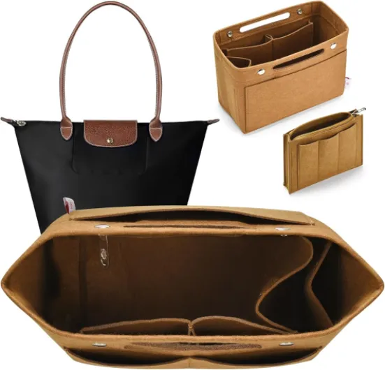Organisateur de sac en feutre épais, insert rigide 26 cm compatible sac Longchamp Pliage M, 18 compartiments, 2 poches zippées, idéal sac à main et cabas (kaki)