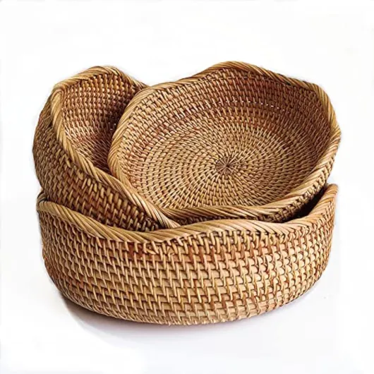 Panier de Rangement Rond en Rotin, Corbeille de Fruits en Osier, Organisateur Tressé Naturel pour Cuisine/Salle à Manger (Vague)