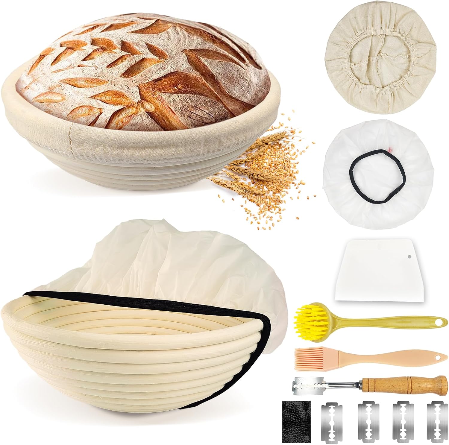 Banneton pour Pain Rond 23 cm, Panier a Pain en Rotin, Kit boulangerie avec Lame Boulanger, Doublure, Housse Banneton, Grattoir à Pâte, Brosse pour Boulangers Domestiques et Professionnels