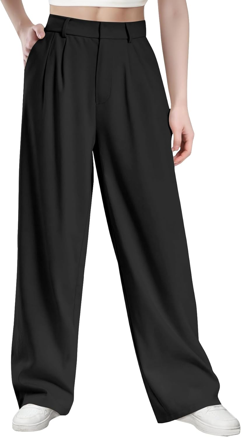 Femmes Automne et Hiver Pantalons décontractés Taille Haute Tissu Polyester élasthanne Haute densité de Travail Professionnels Larges élégants et Lisses avec Poches L Noir