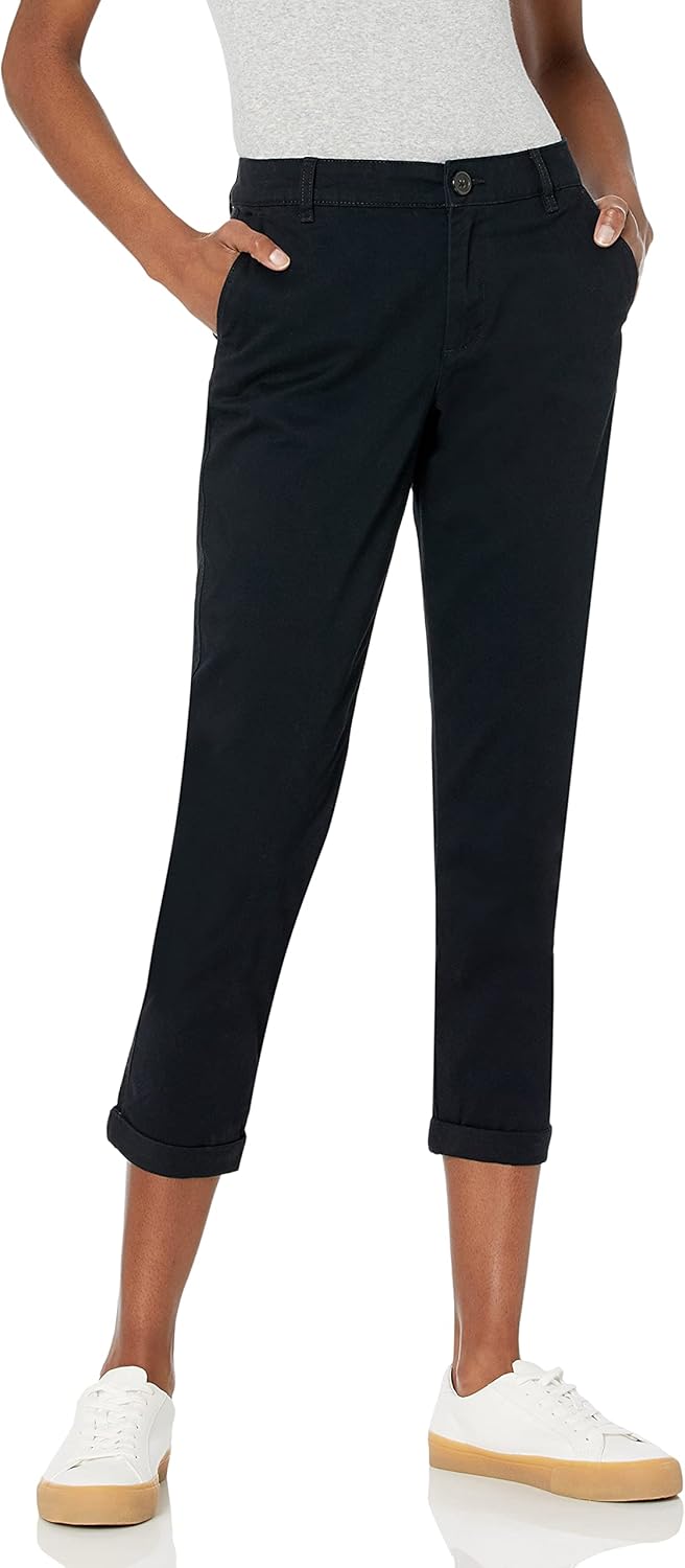 Pantalon Chino Court et Extensible, Taille Mi-Haute, Coupe Cintrée et Jambes Fuselées (Disponible en Grandes Tailles) Femme 42 Noir