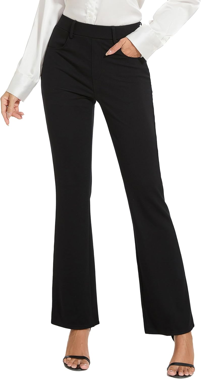 Pantalon Femme Chic et Élégant Bootcut Extensible - Pantalon Tailleur Femme avec Taille Élastique - 4 Poches Pratiques - Casual, Affaires et Quotidien 73cm/78cm Noir L Taille courte