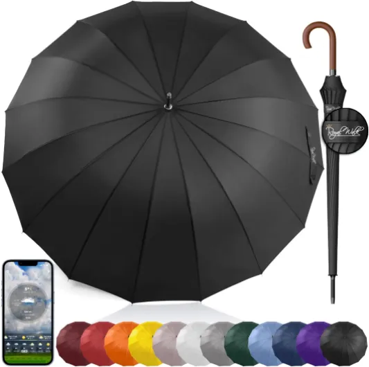 Parapluie Automatique pour Homme et Femme Résistant aux Vent, Solide Anti Tempete XXL Grand Taille Parapluie Canne De Golf Pour 2 Personnes Poignée en Bois 16 Baleines 120cm Noir