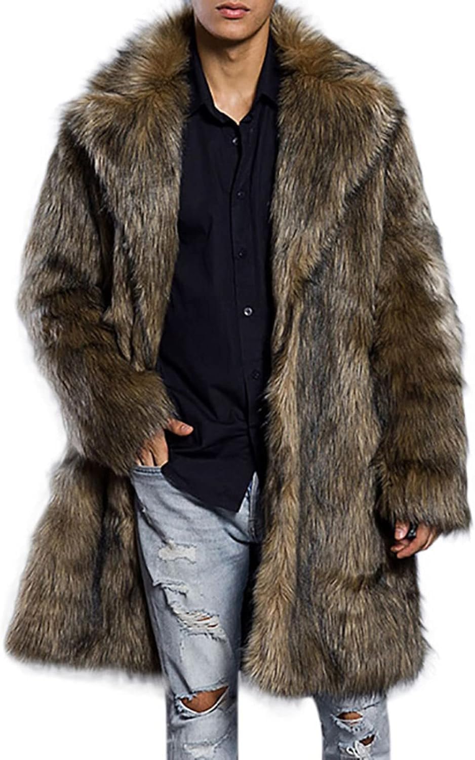 Manteau en Fausse Fourrure pour Hommes Hiver Veste Polaire Longue de Luxe Revers Moelleux Parka à Manches Longues Pardessus Chaud Ouvert Devant Cardigan Outwear # A06-marron 3XL