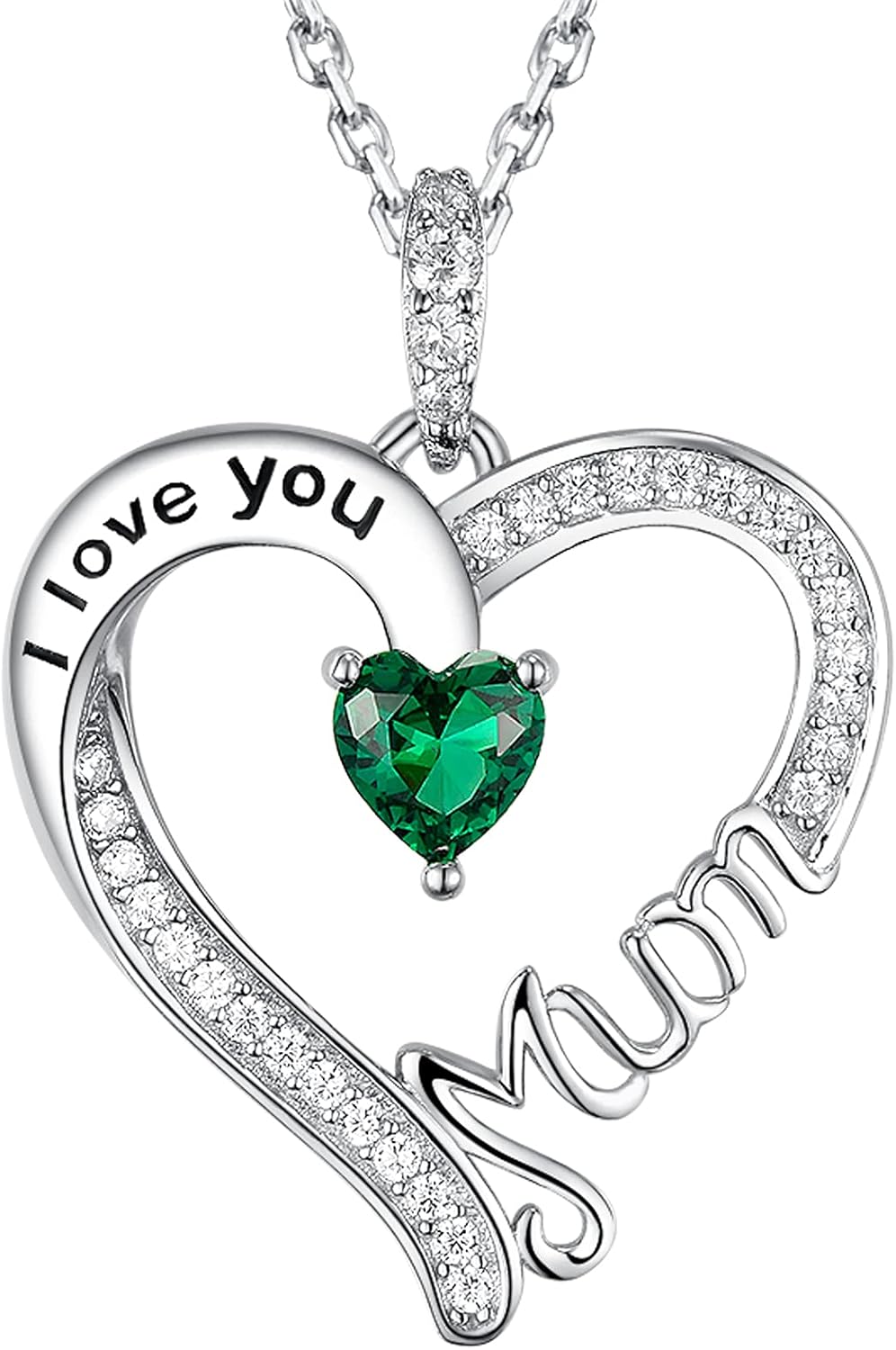 Fête des Mères Bijoux Je t'aime Maman Collier Maman Argent 925 Pendentif Coeur Cadeaux d’anniversaire Maman Pierres de Naissance Bijoux pour femmes Émeraude
