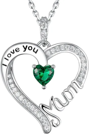 Fête des Mères Bijoux Je t'aime Maman Collier Maman Argent 925 Pendentif Coeur Cadeaux d’anniversaire Maman Pierres de Naissance Bijoux pour femmes Émeraude