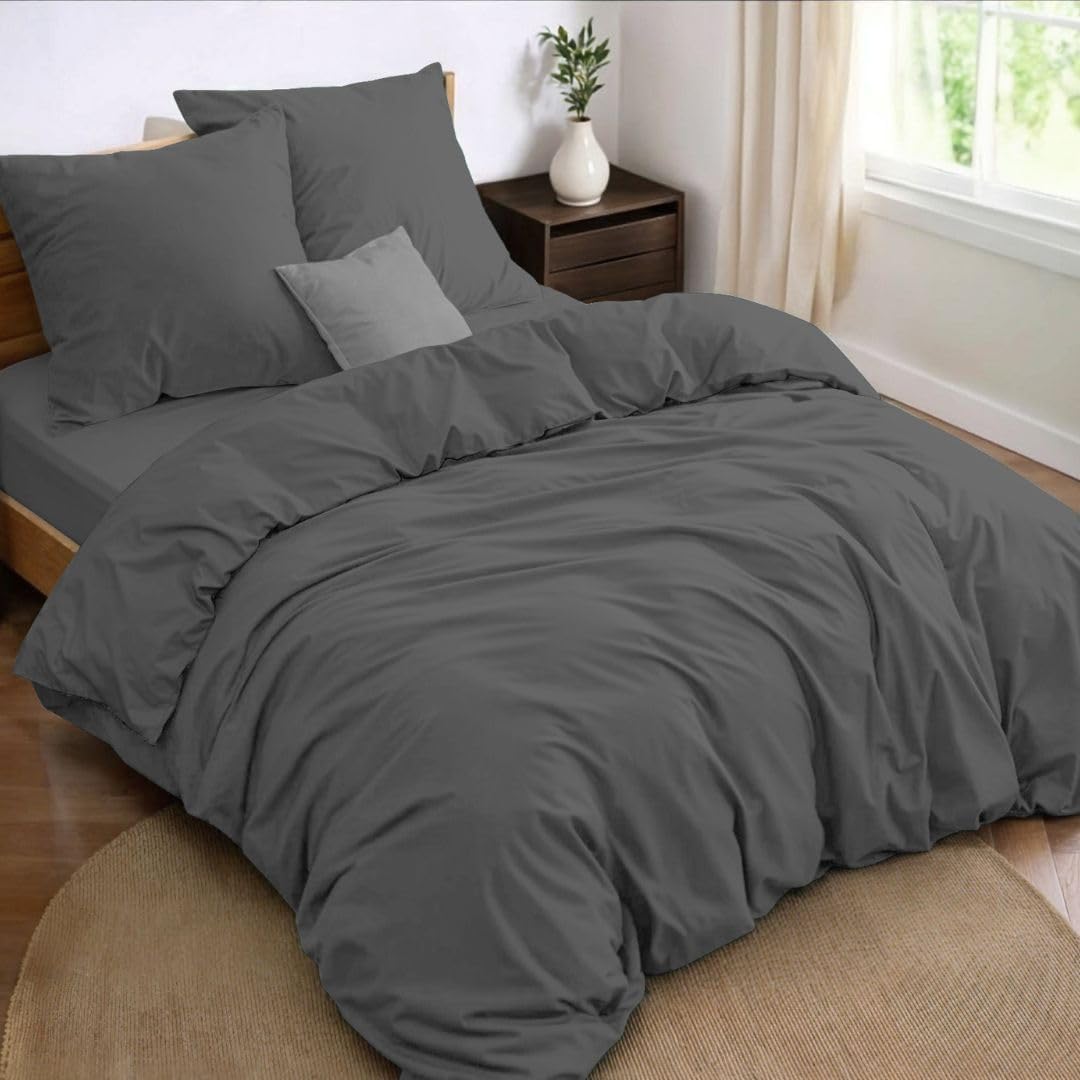 Parure de Lit 180x200 4 Pièces Housse de Couette 240x220 cm + Drap Housse 180x200 cm avec 2 taies d'oreillers 65x65 cm 240x220 Parure 100 Fils/cm² en Microfibre - Oeko-Tex 240x220 cm + Drap-housse 180x200 cm Gris