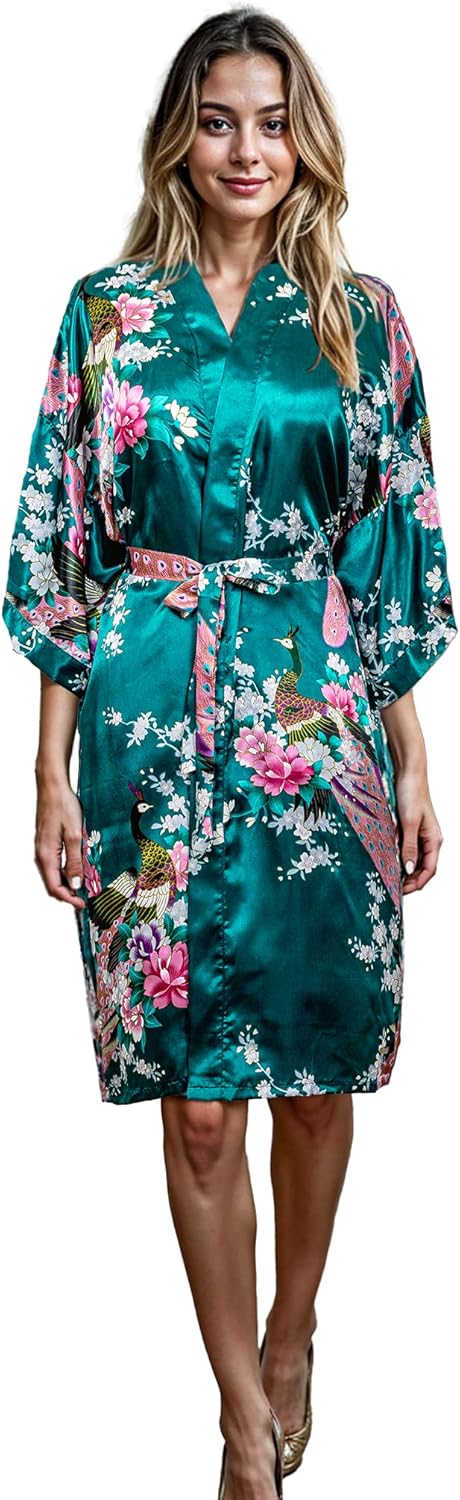 CCcollections Long Kimono Robe pour Femme, Peignoir de Luxe Léger - Élégante Robe de Nuit & Peignoir de Mariée, Cadeau Parfait pour une Douche Nuptiale & Loungewear de Luxe Taille unique Vert Foncé (Dark Green)
