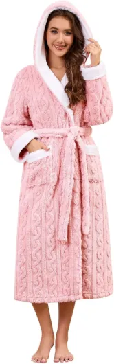 Femme Peignoir Long Polaire Hiver De Bain Robe Peluche Élégante Robe de Chambre avec Capuche Ceinture Poches Peignoir Doux Moelleux Chic Luxe Douche Peignoirs Rose M