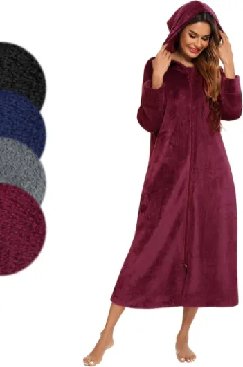 Peignoir long en flanelle pour homme et femme avec fermeture éclair et capuche, poches avant, peignoir de sauna XL Bordeaux