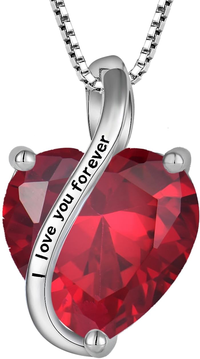 Collier Cœur Argent 925 taillé 12 Pierres de Naissance Oxyde de Zirconium "I love you" Pendentif pour Femme 07-juillet, Rubis