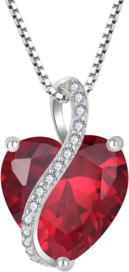 Collier Cœur Argent 925 taillé 12 Pierres de Naissance Oxyde de Zirconium Pendentif pour Femme 07-juillet, Rubis
