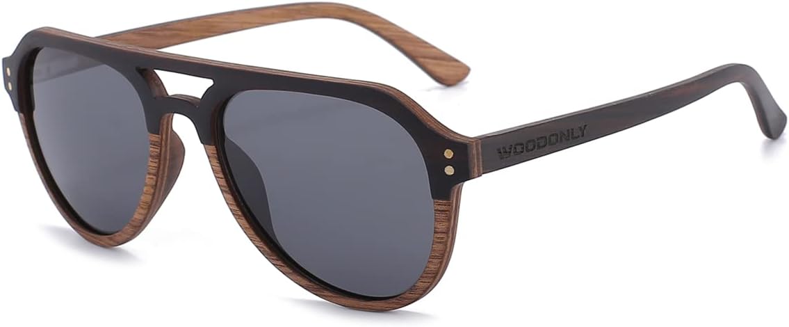 Lunettes de Soleil Pilote en Bois Polarisées - Lunettes de Soleil en Bois Fashion Style avec Etui en Bambou pour Hommes et Femmes Cadeaux Parfaits Noyer+ébène