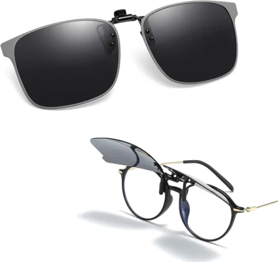 Clip-On Soleil Polarisé UV400 pour Lunettes, Verres Anti-Éblouissement, Design Relevable Léger pour Conduite, Plage, Voyage, Clip-On Universel Élégant Homme Femme Gris