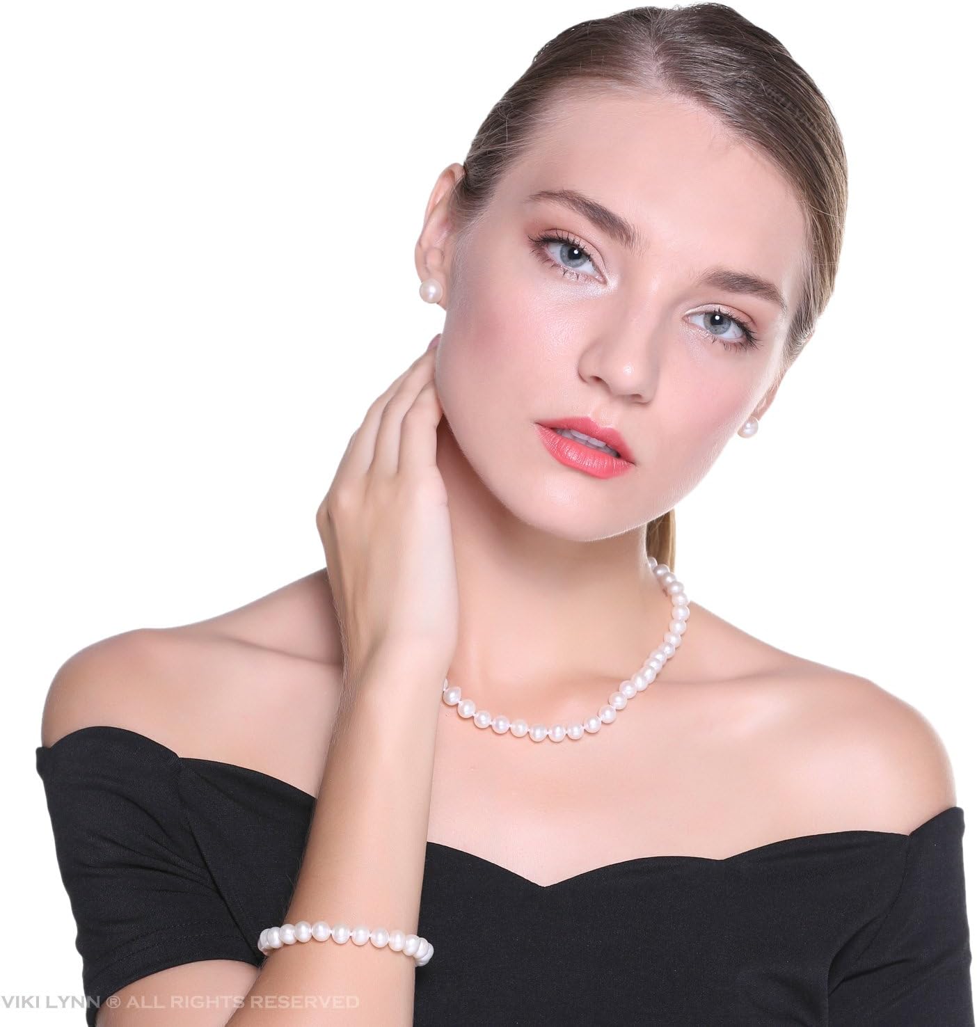 VIKI LYNN Parure Bijoux Femme de Perle Blanche de Culture - Ensemble Collier, Bracelet et Boucles d'Oreilles - Idée Cadeau d'Anniversaire Original/Cadeau Mariage