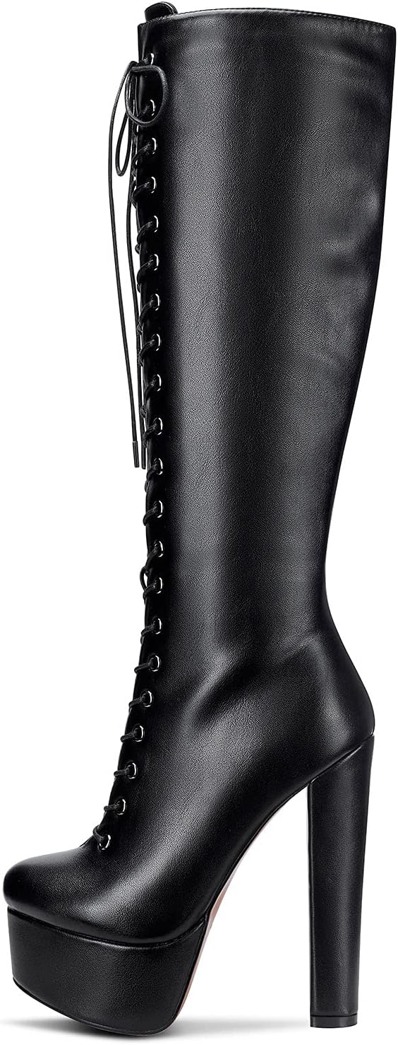 Bottes Femme Plateforme Mi-Mollet Lacets Fermeture Eclair Bloc Talon 15CM High Heels 39 EU Noir Mat