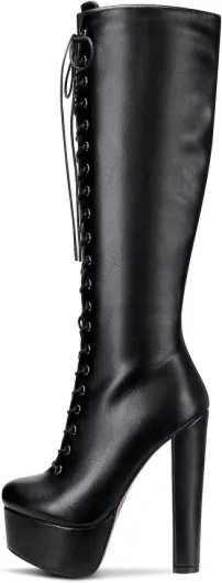 Bottes Femme Plateforme Mi-Mollet Lacets Fermeture Eclair Bloc Talon 15CM High Heels 39 EU Noir Mat