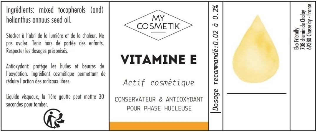 MyCosmetik - Vitamine E - Tocophérol - Actif cosmétique - Conservateur et antioxydant - 100% Pure d'origine végétale - 5 ml 5 ml (Lot de 1)