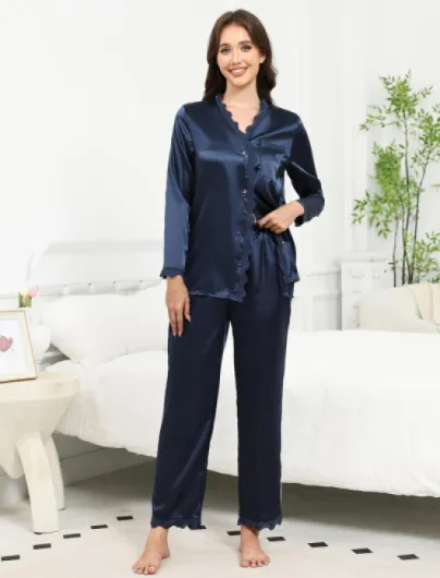 Pyjama Femme Satin, Ensemble de Pyjama pour Femme en Satin de Soie Haut à Manches Longues et Pantalon Longue Légère, 2 Pièces Vêtements de Nuit en Dentelle pour Toutes Les Saisons Bleu Marine M