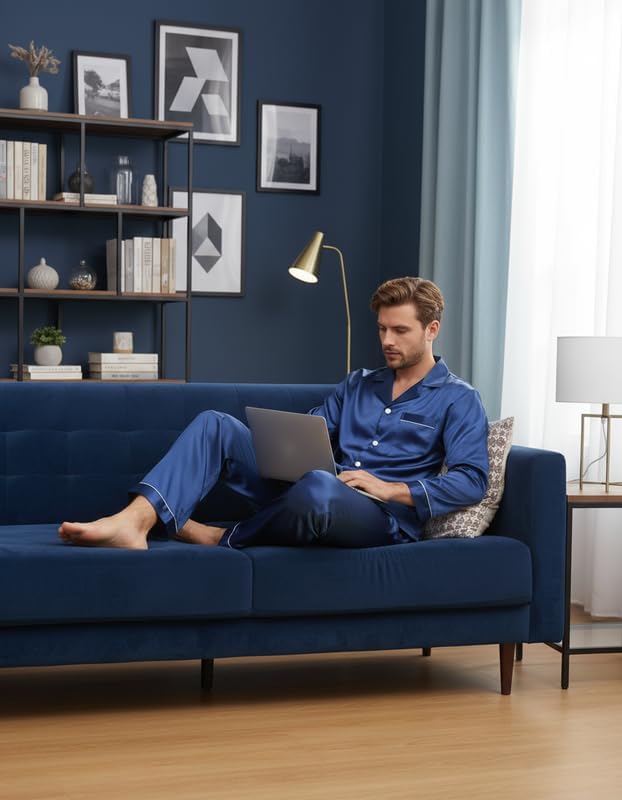 Pyjama Homme Satin Long, Deux Pièces Vêtements de Nuit Soie, Ensembles Manches Longues Chemise avec Boutons et Pantalon à Poches, Elegant et Luxe Loungewear pour Dormir S-XXL Bleu Marine XL