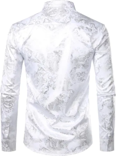 Chemise de luxe pour homme, imprimé élégant, coupe ajustée, boutonnée Motif cachemire doré brillant S Blanc Argenté