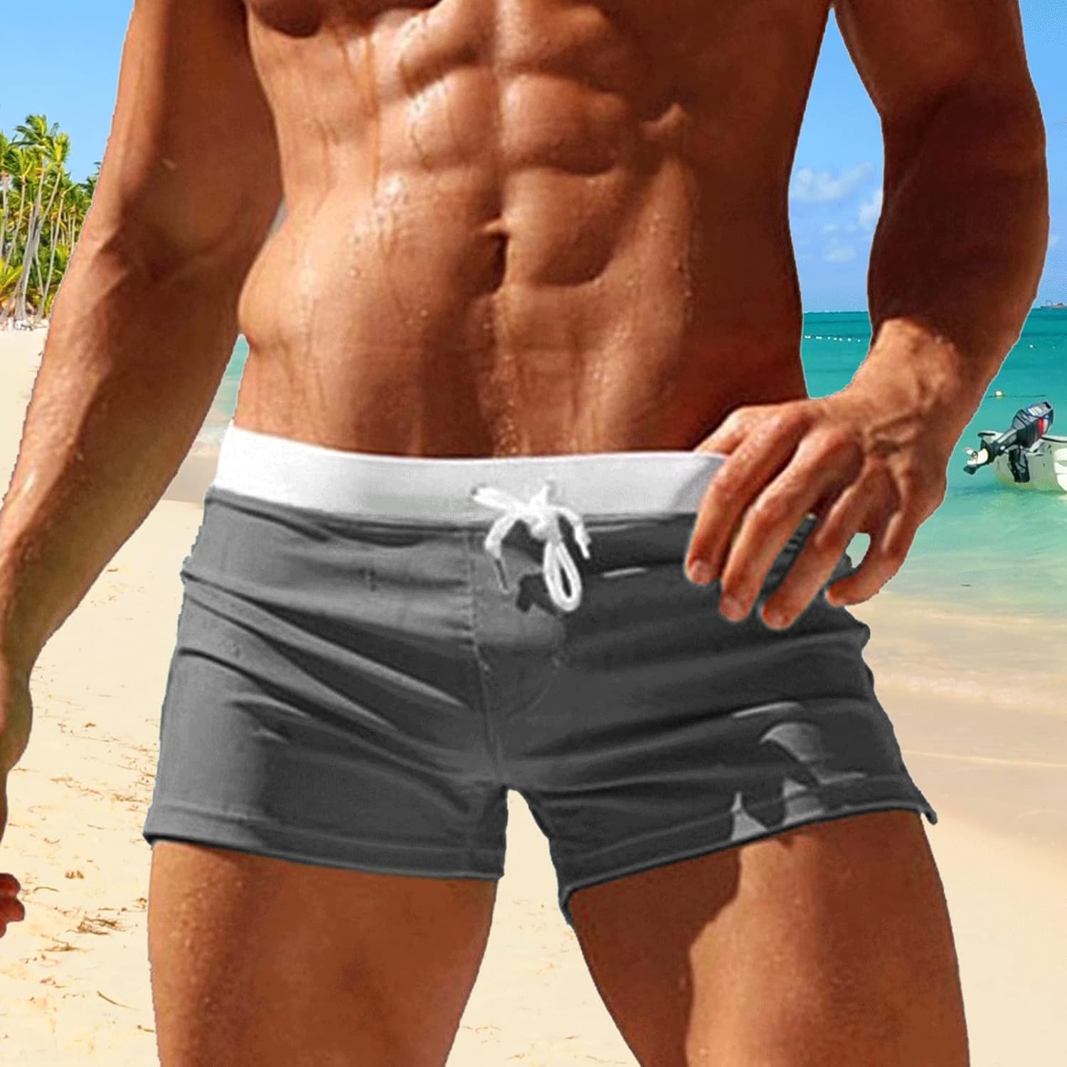 Maillot de Bain Homme Short de Bain, Boxer de Bain Homme Caleçon de Bain Piscine Séchage Rapide Short de Plage Shorty Mayo de Bain avec Poche Zippée L Gris