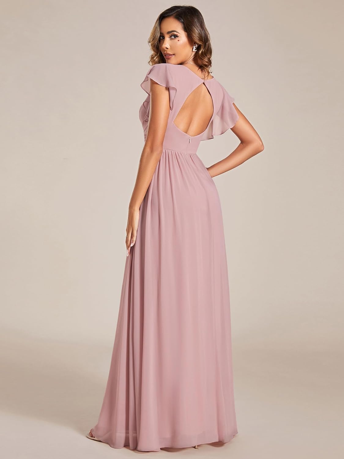 Ever-Pretty Robes de Demoiselle d'honneur Col en V Manches Courtes Mousseline Maxi Pois ES01819 44 Rose Poussiéreuse