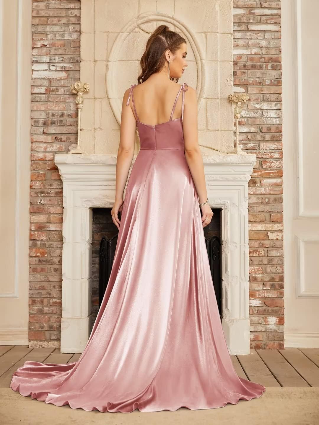 BABYONLINE D.R.E.S.S - Robe soirée Cocktail pour Mariage, Longue Femme Chic Bretelles Dos Nu avec Fente en Satin 46 Rose